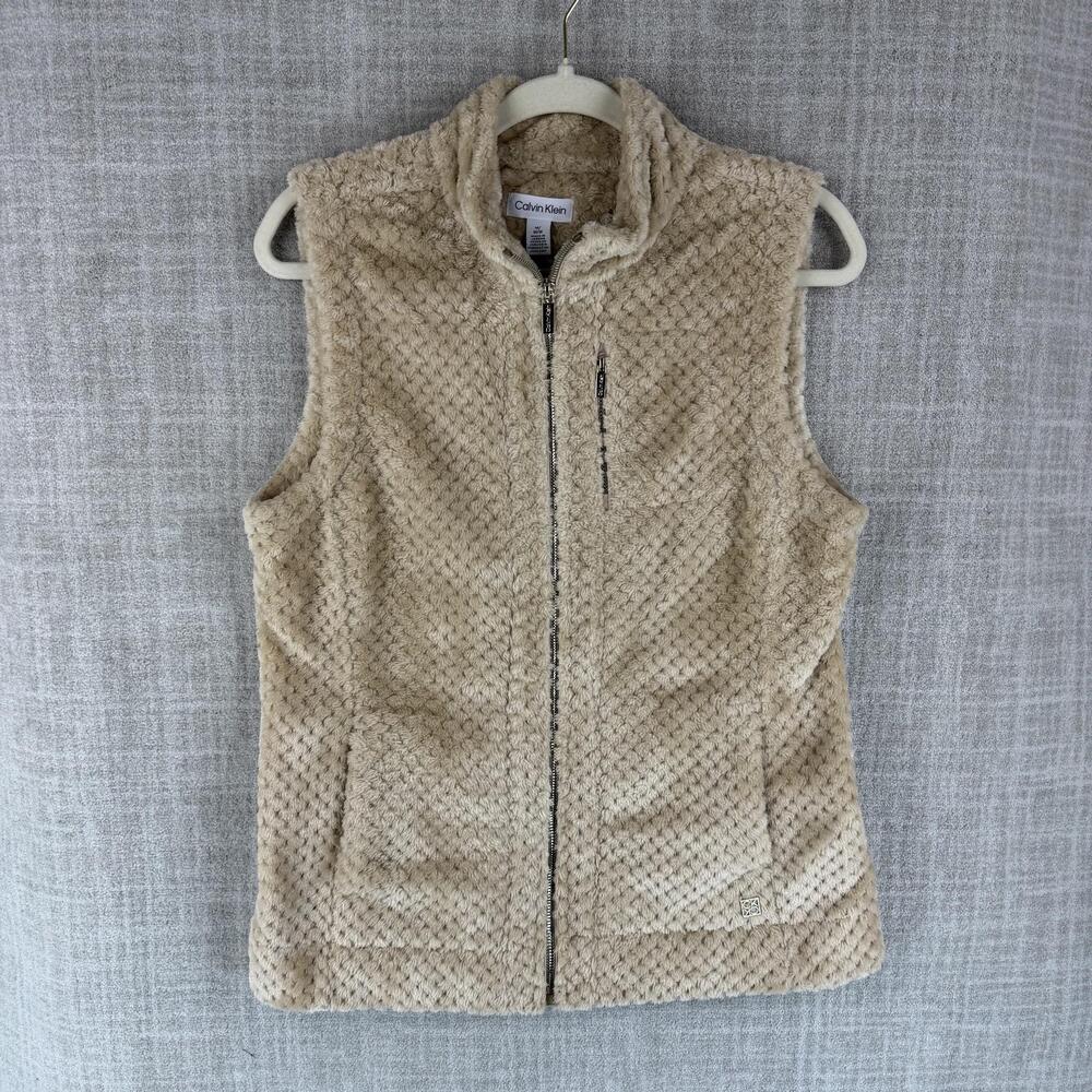 Calvin Klein Vest Womens M Beige Collared Fleece Full Zip Pockets Textured